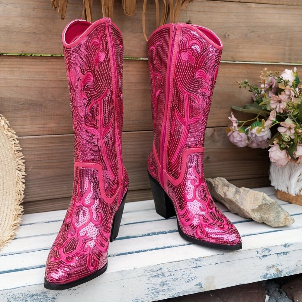 Pink Sequin Cowboy Cowgirl Western Rodeo Stampede Country Festival Boots